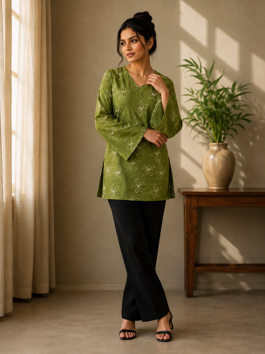 Green Floral Outline Print Short Tunic Kurti | Rayon | V-Neck & Cinch Corset Back | Naarikaa
