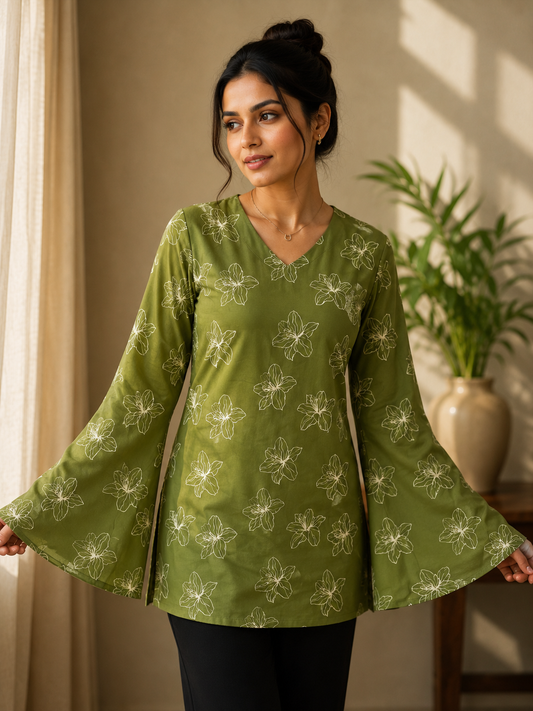 Green Floral Outline Print Short Tunic Kurti | Rayon | V-Neck & Cinch Corset Back | Naarikaa