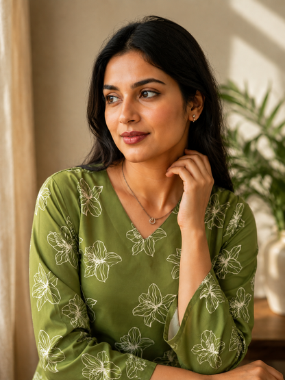 Green Floral Outline Print Short Tunic Kurti | Rayon | V-Neck & Cinch Corset Back | Naarikaa