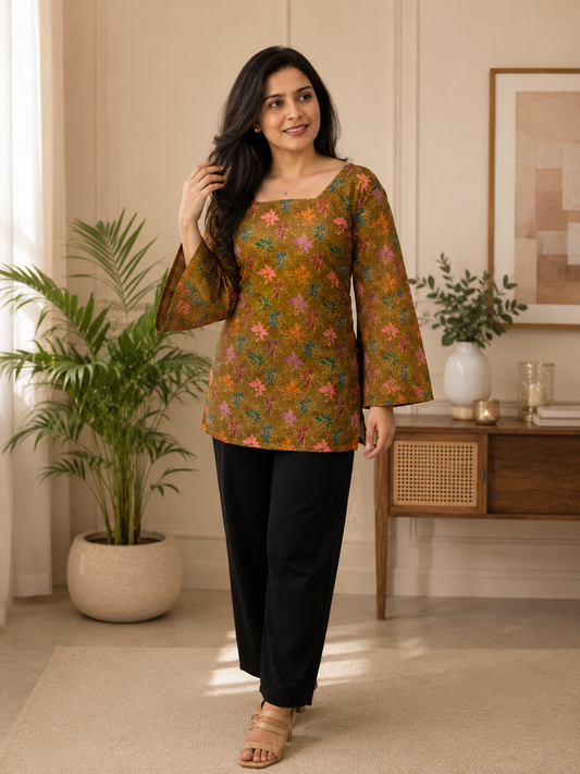 Brown Floral Starburst Print Short Kurti with Square Neck| Rayon | Bell Sleeves & Corset Lace-Up Back | Naarikaa