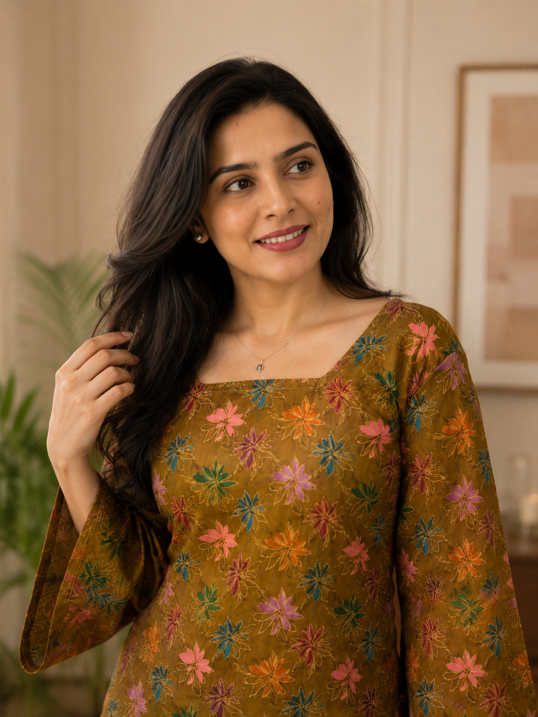 Brown Floral Starburst Print Short Kurti with Square Neck| Rayon | Bell Sleeves & Corset Lace-Up Back | Naarikaa