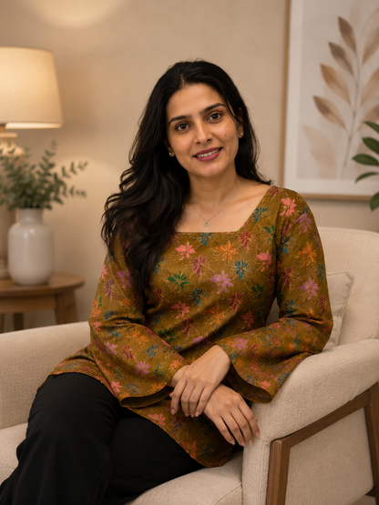 Brown Floral Starburst Print Short Kurti with Square Neck| Rayon | Bell Sleeves & Corset Lace-Up Back | Naarikaa