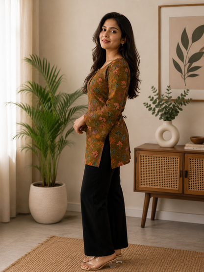 Brown Floral Starburst Print Short Kurti with Square Neck| Rayon | Bell Sleeves & Corset Lace-Up Back | Naarikaa