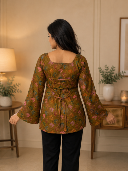 Brown Floral Starburst Print Short Kurti with Square Neck| Rayon | Bell Sleeves & Corset Lace-Up Back | Naarikaa