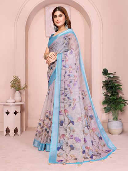Women’s linen cotton floral printed saree with pastel colours turquoise border and matching blouse piece