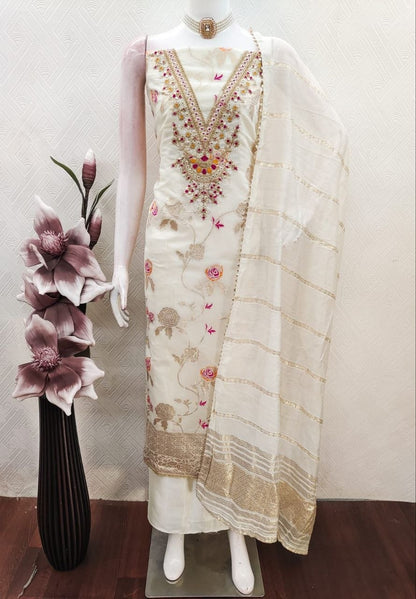 4 Piece Ethnic Dress Material | Meenakari Jacquard Unstitched Suit Material | Coding & Sequin Work | Santoon Bottom & Inner, Chanderi Fancy Jacquard Dupatta | Naarikaa