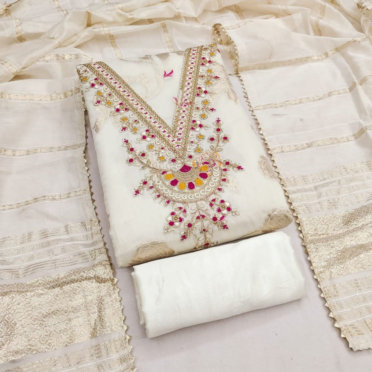 4 Piece Ethnic Dress Material | Meenakari Jacquard Unstitched Suit Material | Coding & Sequin Work | Santoon Bottom & Inner, Chanderi Fancy Jacquard Dupatta | Naarikaa