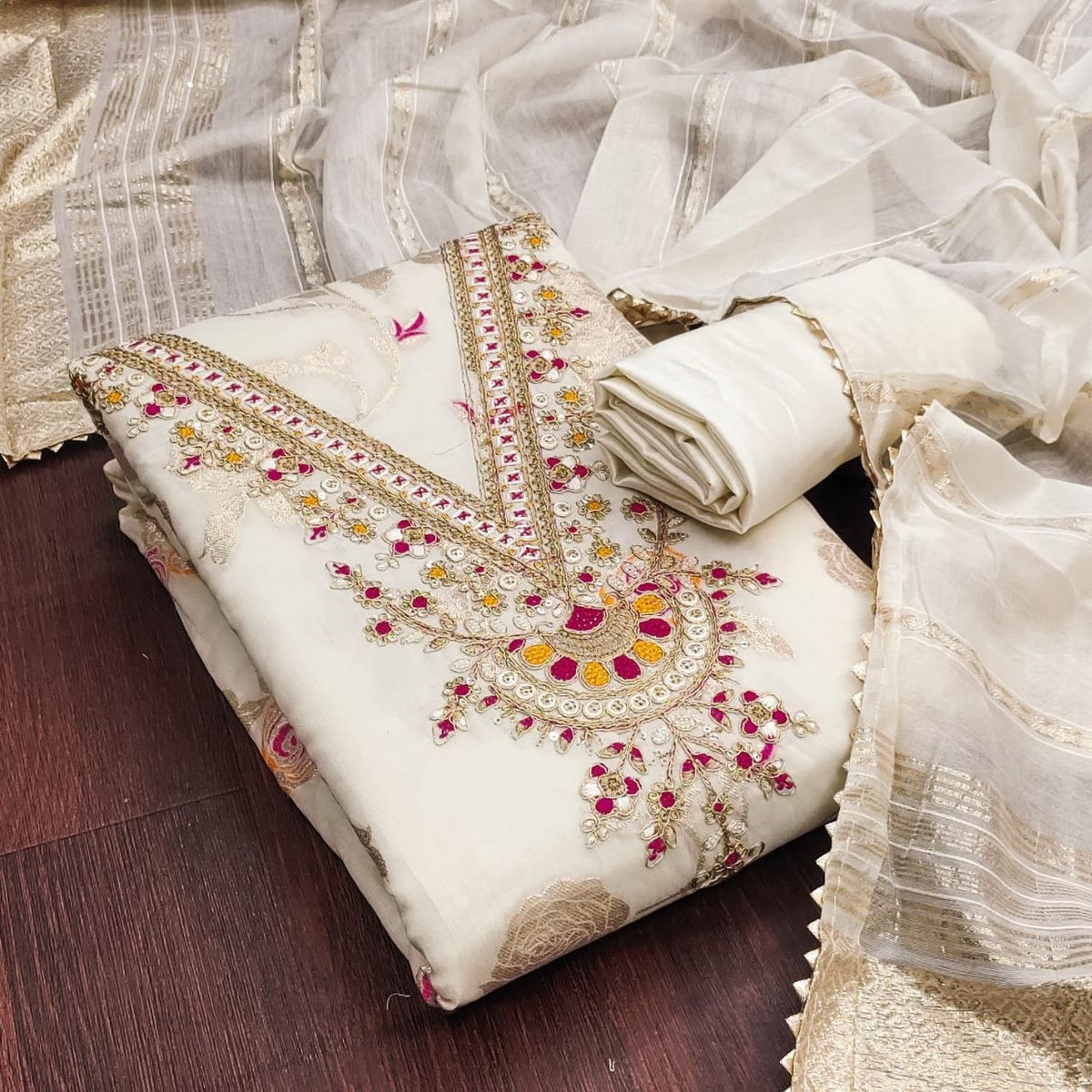4 Piece Ethnic Dress Material | Meenakari Jacquard Unstitched Suit Material | Coding & Sequin Work | Santoon Bottom & Inner, Chanderi Fancy Jacquard Dupatta | Naarikaa