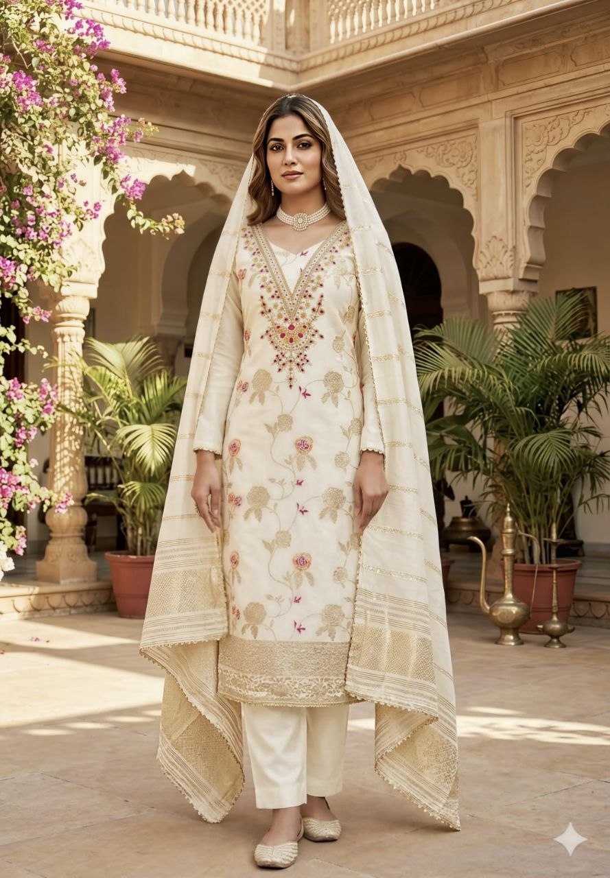 4 Piece Ethnic Dress Material | Meenakari Jacquard Unstitched Suit Material | Coding & Sequin Work | Santoon Bottom & Inner, Chanderi Fancy Jacquard Dupatta | Naarikaa