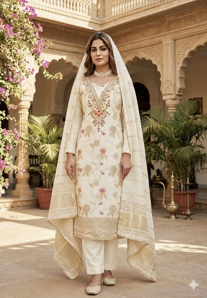 4 Piece Ethnic Dress Material | Meenakari Jacquard Unstitched Suit Material | Coding & Sequin Work | Santoon Bottom & Inner, Chanderi Fancy Jacquard Dupatta | Naarikaa
