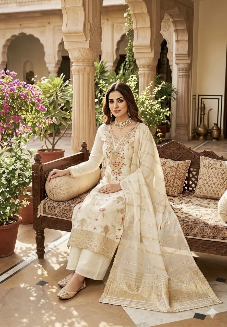 4 Piece Ethnic Dress Material | Meenakari Jacquard Unstitched Suit Material | Coding & Sequin Work | Santoon Bottom & Inner, Chanderi Fancy Jacquard Dupatta | Naarikaa