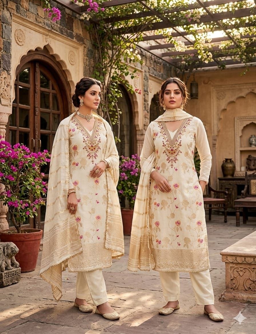 4 Piece Ethnic Dress Material | Meenakari Jacquard Unstitched Suit Material | Coding & Sequin Work | Santoon Bottom & Inner, Chanderi Fancy Jacquard Dupatta | Naarikaa