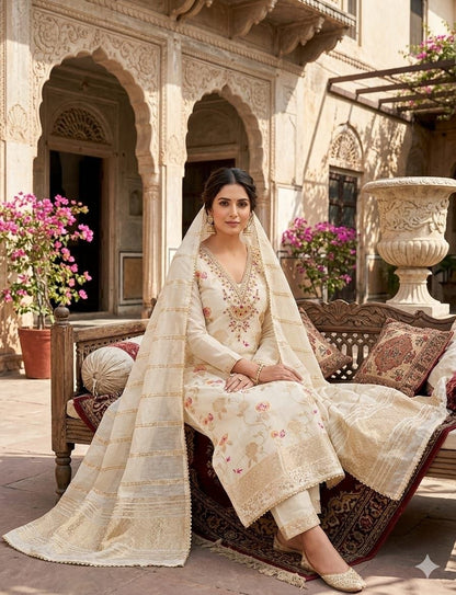 4 Piece Ethnic Dress Material | Meenakari Jacquard Unstitched Suit Material | Coding & Sequin Work | Santoon Bottom & Inner, Chanderi Fancy Jacquard Dupatta | Naarikaa