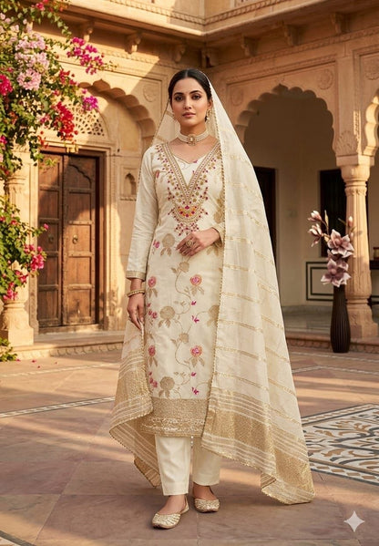 4 Piece Ethnic Dress Material | Meenakari Jacquard Unstitched Suit Material | Coding & Sequin Work | Santoon Bottom & Inner, Chanderi Fancy Jacquard Dupatta | Naarikaa